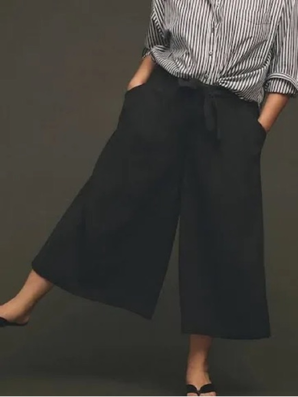 Maeve Anthropologie Black Wide Leg Cropped Culotte Pants Belted